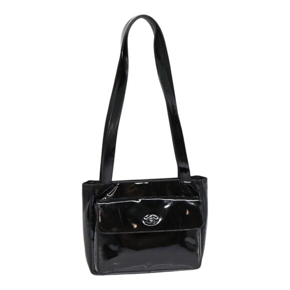 CHANEL COCO Mark Shoulder Bag Enamel Black Silver CC Auth - Picture 1 of 16